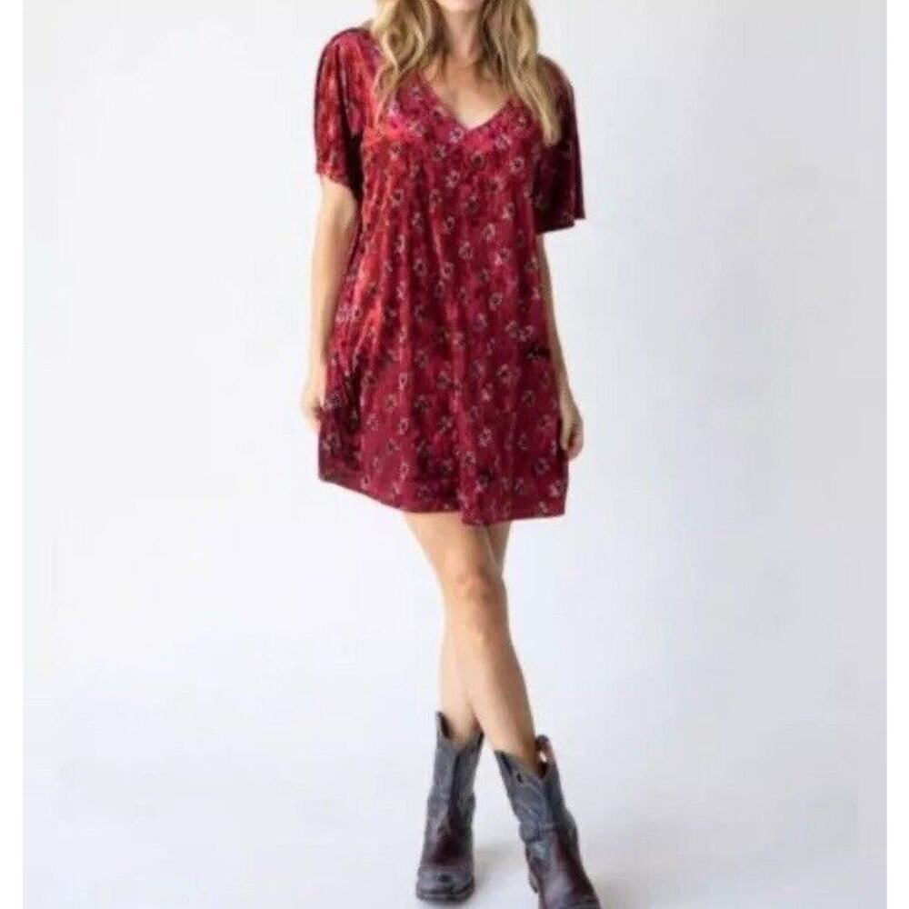 Natural Life Dress Women XL Burgundy Velvet Tunic Floral V Neck Boho Prairie NWT